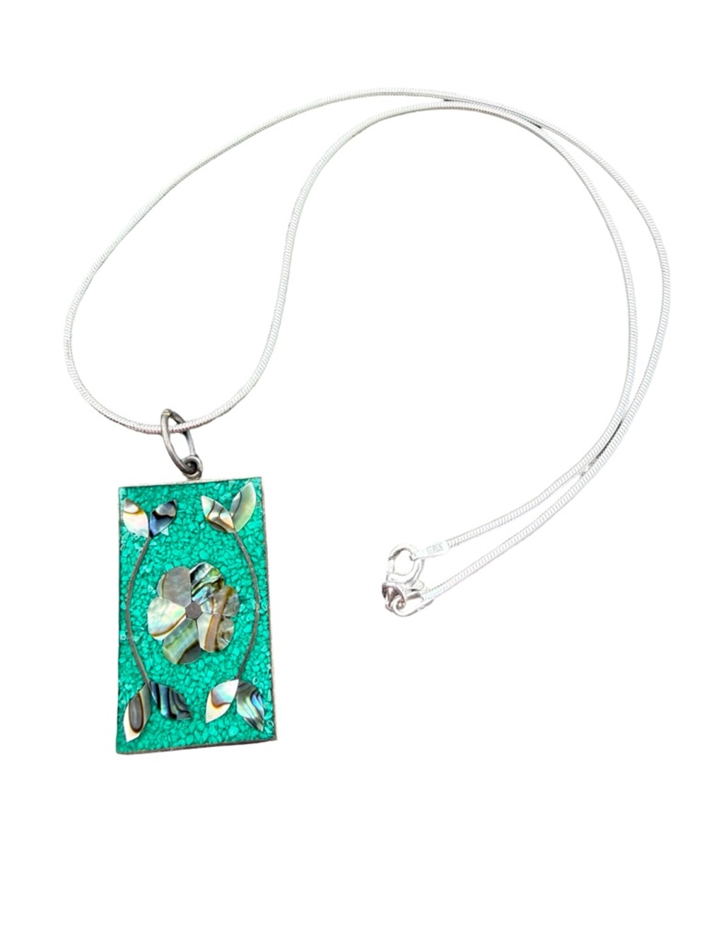 Vintage Mexican Mosaic Pendant And Chain Necklace 925 Sterling Silver